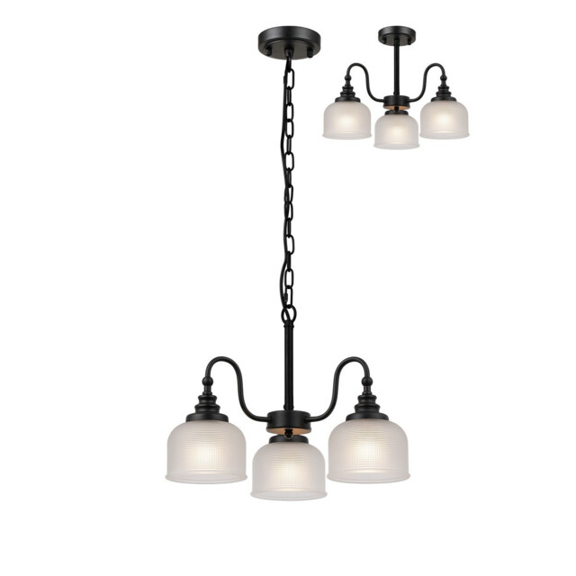 DeRuyter 47cm Semi Flush/Pendant, 3 Light E27, Satin Black/Frosted Glass - image 1