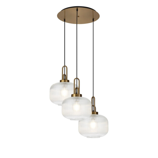 Yorktown 65cm 2m Round Pendant, 3 x E27, Brass Gold/Matt Black With 30cm Pumpkin Shaped Ribbed Clear Glass - image 1