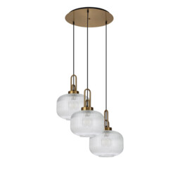 Yorktown 65cm 2m Round Pendant, 3 x E27, Brass Gold/Matt Black With 30cm Pumpkin Shaped Ribbed Clear Glass - thumbnail 5