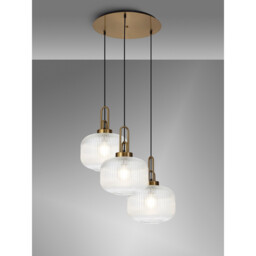 Yorktown 65cm 2m Round Pendant, 3 x E27, Brass Gold/Matt Black With 30cm Pumpkin Shaped Ribbed Clear Glass - thumbnail 3