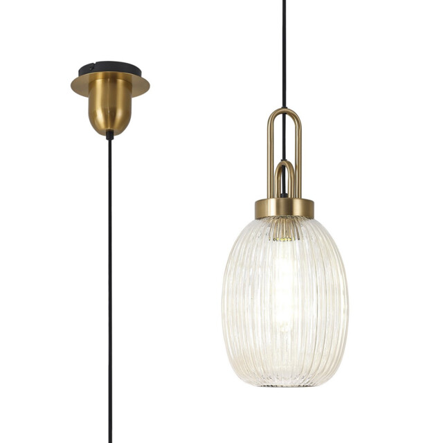 Yorktown Ceiling Pendant E27 With 20cm Almond Ribbed Glass, Champagne Brass Gold, Matt Black - image 1