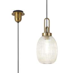 Yorktown Ceiling Pendant E27 With 20cm Almond Ribbed Glass, Champagne Brass Gold, Matt Black