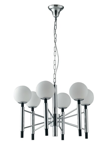 Hammond 6 Light Mutli Arm Globe Ceiling Pendant, Chrome, Opal, White, E14