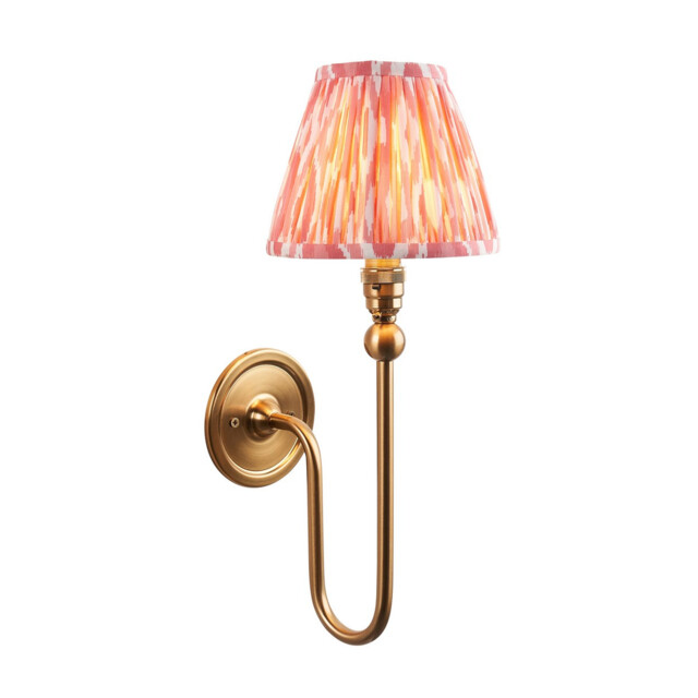 Santiago Brushed Aged Brass Plate Wall Light with Coral Pink Fabric Ikat Shade 16cm B22 - image 1