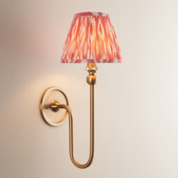 Santiago Brushed Aged Brass Plate Wall Light with Coral Pink Fabric Ikat Shade 16cm B22 - thumbnail 2
