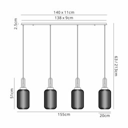 Yorktown Linear Ceiling Pendant 4 Light E27 With 20cm Tubular Ribbed Glass, Aged Pewter, Champagne, Smoked, Matt Black - thumbnail 2