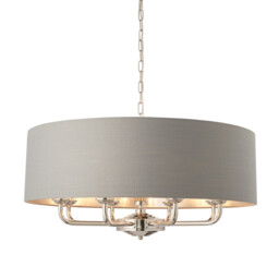 Highclere 6 Lamp Single Shade Pendant Light Bright Nickel Plate, Charcoal Fabric