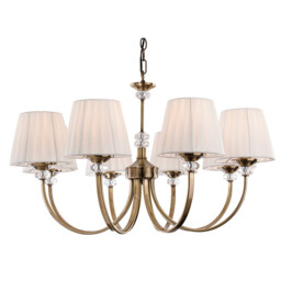 Langham 8 Light Multi Arm Chandelier Antique Brass, Pleated Cream Shades, E14