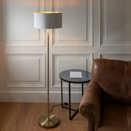 Highclere Floor Lamp with Shade Antique Brass Plate, Vintage White Fabric, 1x E27 - thumbnail 2