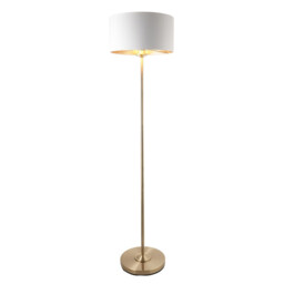 Highclere Floor Lamp with Shade Antique Brass Plate, Vintage White Fabric, 1x E27