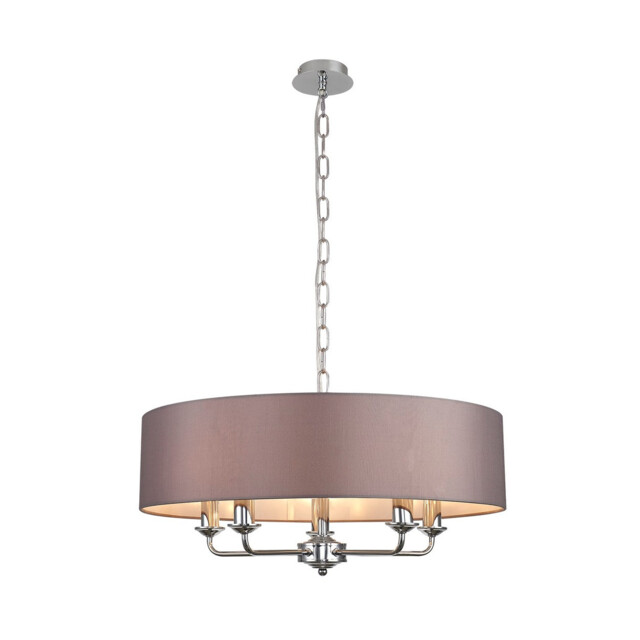 Banyan 5 Light Multi Arm Pendant, E14 Polished Chrome With 60cm x 15cm Faux Silk Shade, Grey - image 1