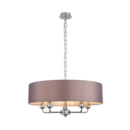 Banyan 5 Light Multi Arm Pendant, E14 Polished Chrome With 60cm x 15cm Faux Silk Shade, Grey