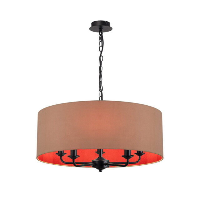 Banyan 5 Light Multi Arm Pendant With 60cm x 22cm Dual Faux Silk Fabric Shade Matt Black/Antique Gold - image 1