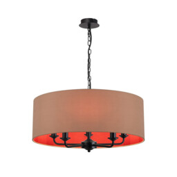 Banyan 5 Light Multi Arm Pendant With 60cm x 22cm Dual Faux Silk Fabric Shade Matt Black/Antique Gold