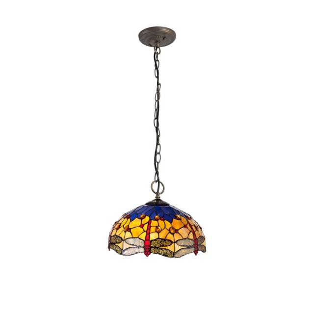 Worcester 3 Light Downlighter Ceiling Pendant E27 With 40cm Tiffany Shade, Blue, Orange, Crystal, Aged Antique Brass - image 1