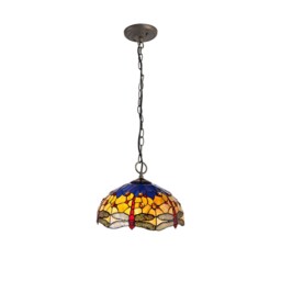 Worcester 3 Light Downlighter Ceiling Pendant E27 With 40cm Tiffany Shade, Blue, Orange, Crystal, Aged Antique Brass - thumbnail 1