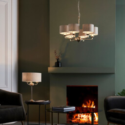 Highclere Multi Arm Shade Pendant Ceiling Lamp, Brushed Chrome Plate, Natural Linen - thumbnail 3