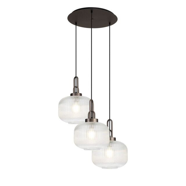 Yorktown 65cm 2m Round Pendant, 3 x E27, Antique Silver/Matt Black With 30cm Pumpkin Shaped Ribbed Clear Glass - image 1