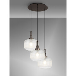 Yorktown 65cm 2m Round Pendant, 3 x E27, Antique Silver/Matt Black With 30cm Pumpkin Shaped Ribbed Clear Glass - thumbnail 3