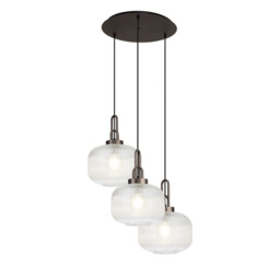 Yorktown 65cm 2m Round Pendant, 3 x E27, Antique Silver/Matt Black With 30cm Pumpkin Shaped Ribbed Clear Glass - thumbnail 1