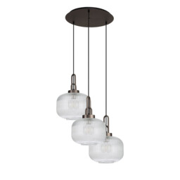 Yorktown 65cm 2m Round Pendant, 3 x E27, Antique Silver/Matt Black With 30cm Pumpkin Shaped Ribbed Clear Glass - thumbnail 5
