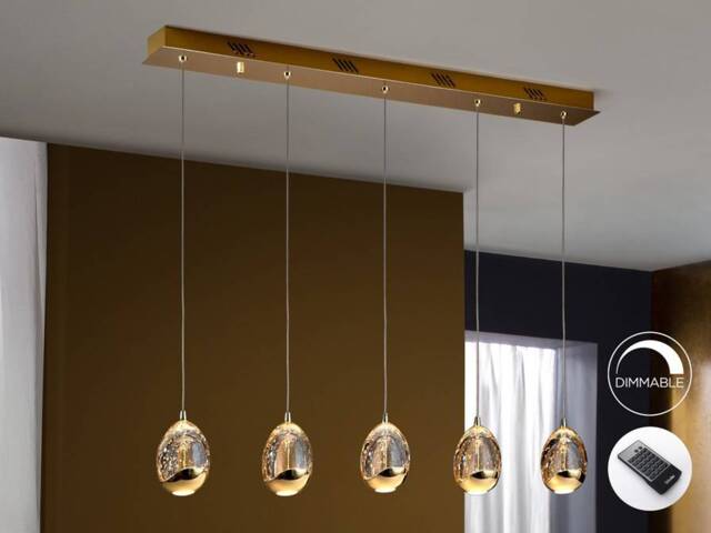 Roc Integrated LED 5 Light Dimmable Crystal Drop Bar Ceiling Pendant with Remote Control Gold - image 1