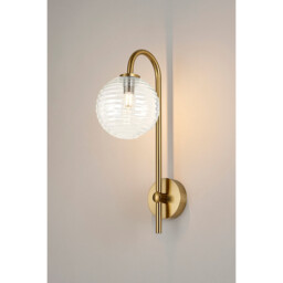 Tivoli Curved Arm Wall Light, 1 Light G9, IP44, Brass Gold/Clear Ribbed Round Glass - thumbnail 3