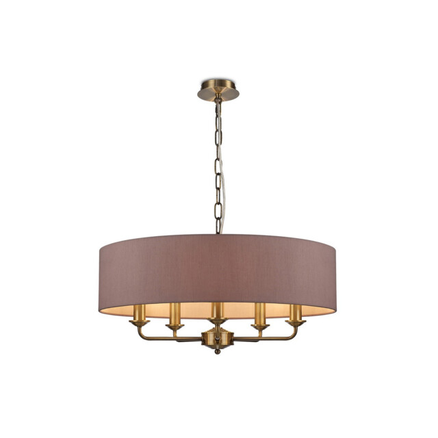 Banyan 5 Light Multi Arm Pendant, E14 Antique Brass With 60cm x 15cm Dual Faux Silk Shade, Taupe/Halo Gold - image 1
