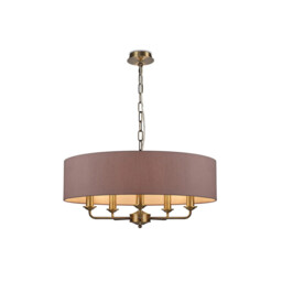 Banyan 5 Light Multi Arm Pendant, E14 Antique Brass With 60cm x 15cm Dual Faux Silk Shade, Taupe/Halo Gold