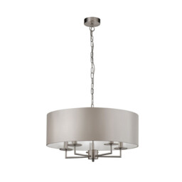 Knightsbridge Satin Silver Ceiling Pendant 5 Light with Silver Faux Silk Shade
