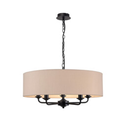 Banyan 5 Light Multi Arm Pendant With 60cm x 15cm Dual Faux Silk Fabric Shade Matt Black/Nude Beige