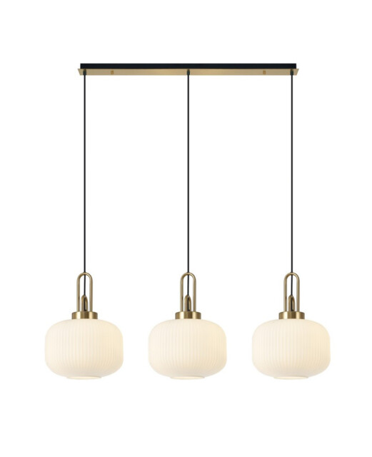 Yorktown Linear 3 Light Pendant E27, Brass Gold, Matt Black With 30cm Round Ribbed Opal Glass - image 1