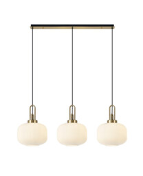 Yorktown Linear 3 Light Pendant E27, Brass Gold, Matt Black With 30cm Round Ribbed Opal Glass - thumbnail 1
