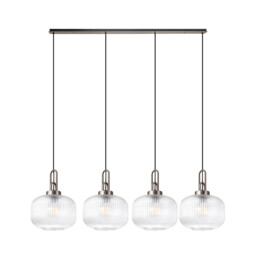 Yorktown Linear Pendant, 4 x E27, Antique Silver/Matt Black With 30cm Pumpkin Shaped Ribbed Clear Glass - thumbnail 5