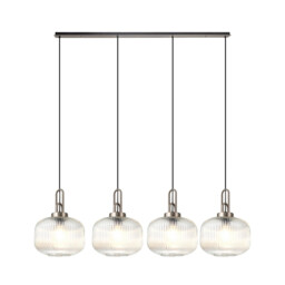 Yorktown Linear Pendant, 4 x E27, Antique Silver/Matt Black With 30cm Pumpkin Shaped Ribbed Clear Glass