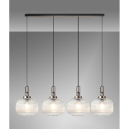 Yorktown Linear Pendant, 4 x E27, Antique Silver/Matt Black With 30cm Pumpkin Shaped Ribbed Clear Glass - thumbnail 3