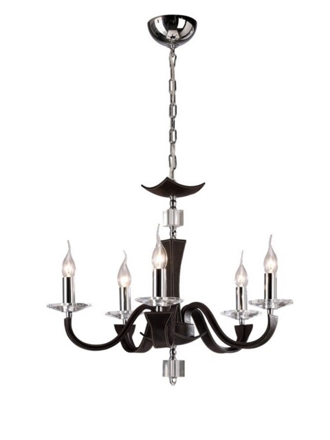 Nardini Ceiling Pendant Chandelier 5 Light Polished Chrome, Dark Brown Faux Leather, Crystal - image 1
