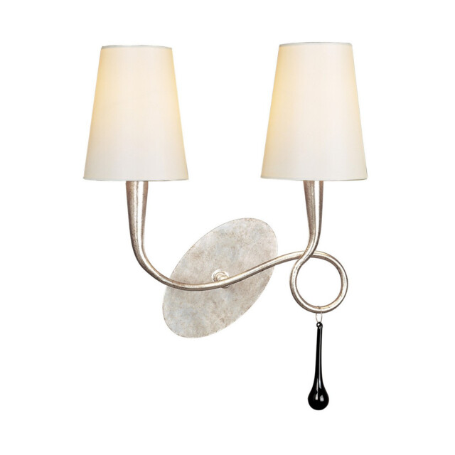 Paola Wall Lamp 2 Light E14, Silver Painted With Cream Shades & Black Glass Droplets - image 1