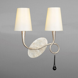 Paola Wall Lamp 2 Light E14, Silver Painted With Cream Shades & Black Glass Droplets - thumbnail 2