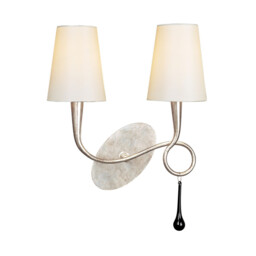 Paola Wall Lamp 2 Light E14, Silver Painted With Cream Shades & Black Glass Droplets