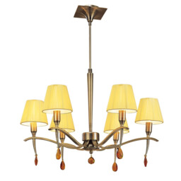 Siena Pendant Round 6 Light E14, Antique Brass With Amber Cream Shades And Amber Crystal