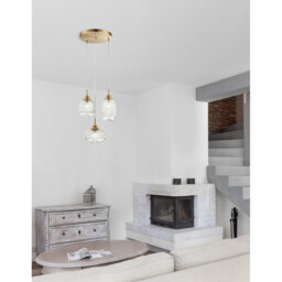 Mond 3 Light Cluster Pendant Ceiling Light Satin Gold Metal Clear Glass LED E14 - thumbnail 2