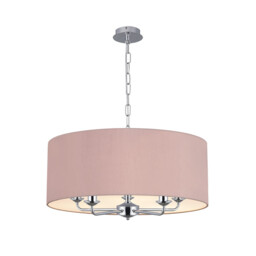 Banyan 5 Light Multi Arm Pendant, E14 Polished Chrome With 60cm x 22cm Dual Faux Silk Shade, Taupe/Halo Gold