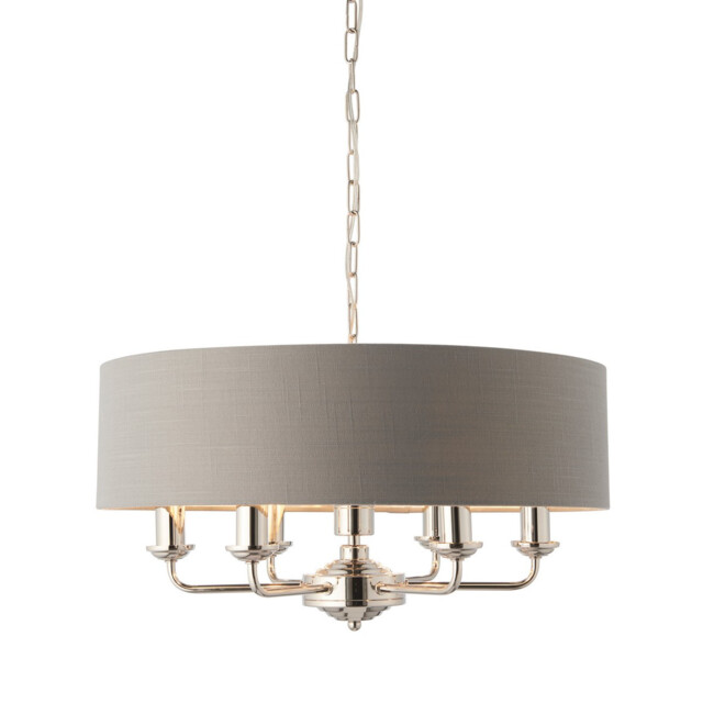 Highclere 6 Lamp Cylindrical Pendant Light Bright Nickel Plate, Charcoal Fabric - image 1