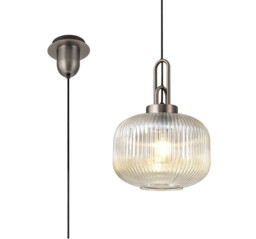 Yorktown 1 Light Pendant E27 30cm Pumpkin Shaped Ribbed Glass, Champagne Antique Silver, Black - thumbnail 1