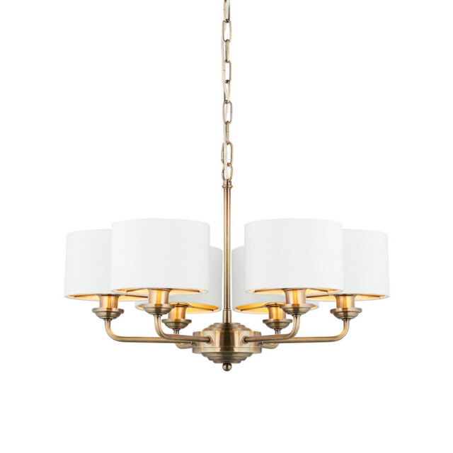 Highclere Multi Arm Shade Pendant Ceiling Lamp, Antique Brass Plate, Vintage White Fabric - image 1