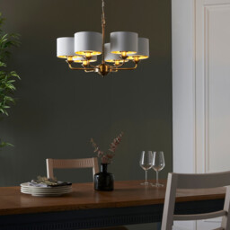 Highclere Multi Arm Shade Pendant Ceiling Lamp, Antique Brass Plate, Vintage White Fabric - thumbnail 5