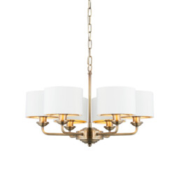 Highclere Multi Arm Shade Pendant Ceiling Lamp, Antique Brass Plate, Vintage White Fabric