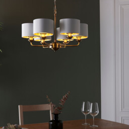 Highclere Multi Arm Shade Pendant Ceiling Lamp, Antique Brass Plate, Vintage White Fabric - thumbnail 2