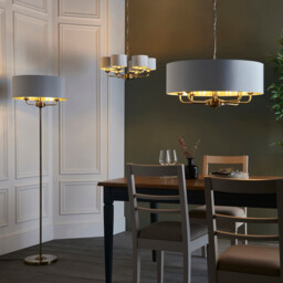 Highclere Multi Arm Shade Pendant Ceiling Lamp, Antique Brass Plate, Vintage White Fabric - thumbnail 3